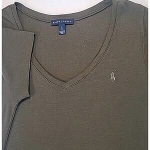Ralph Lauren Women’s Sage Green V-Neck Tee Large – Super Soft, EUC, Minor Hole